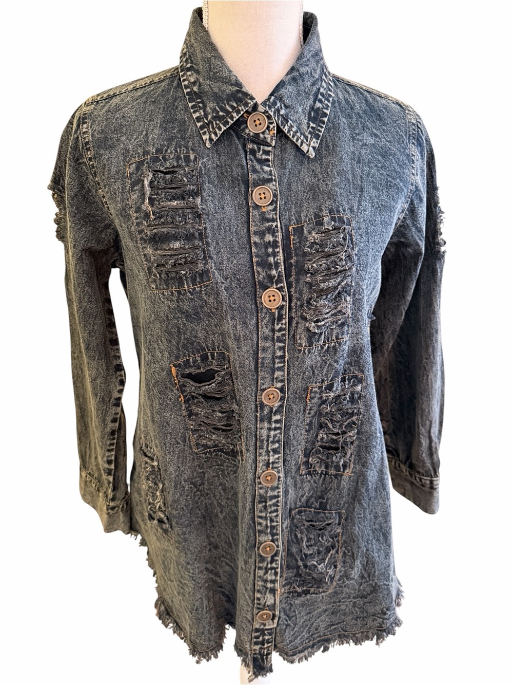 Paper Lace Black/Grey Acid Washed Distressed Button Down Shirt S